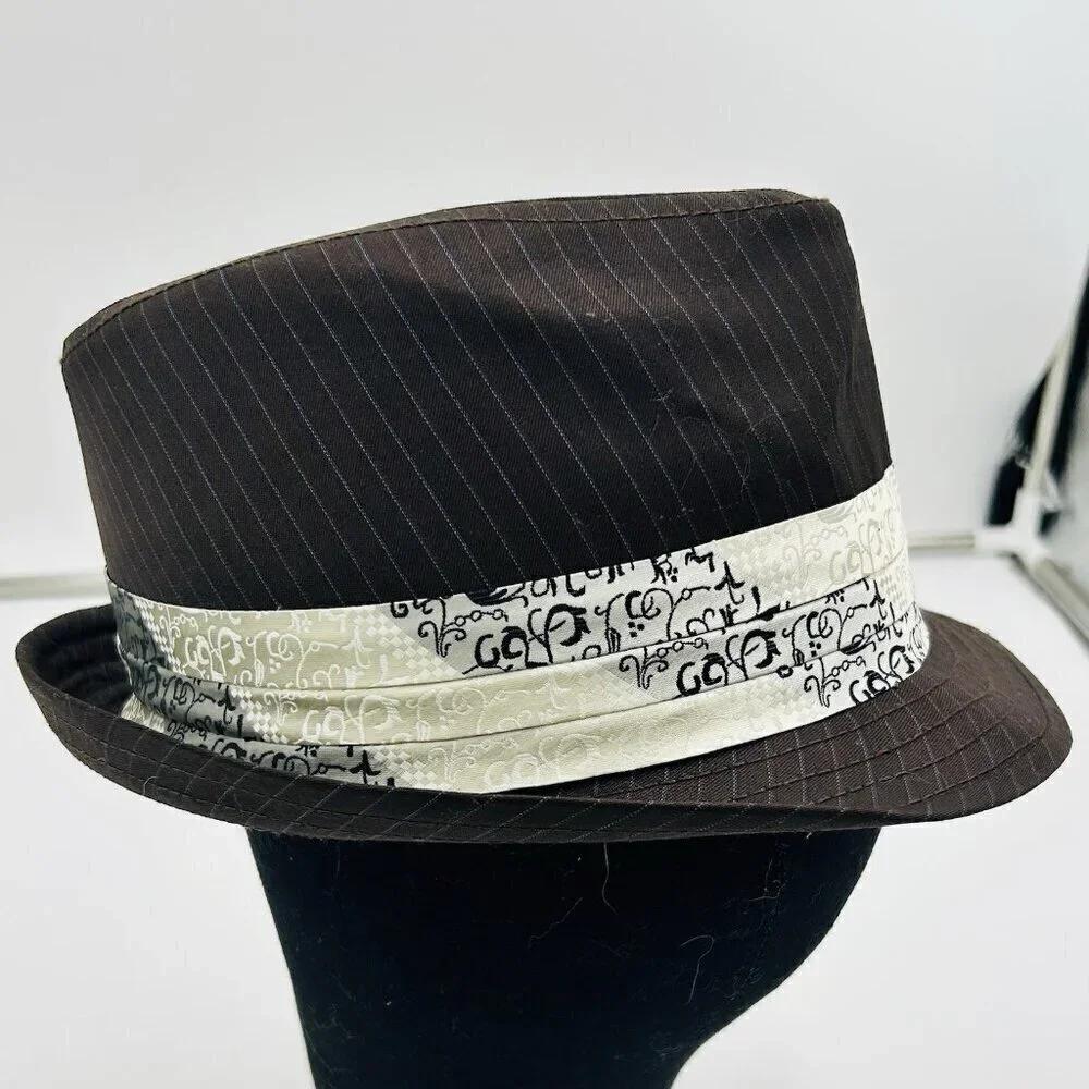 Goorin Bros Fedora Hat Cap Mens Sz M Brown Pinstripe w Satin Band Wool Blend